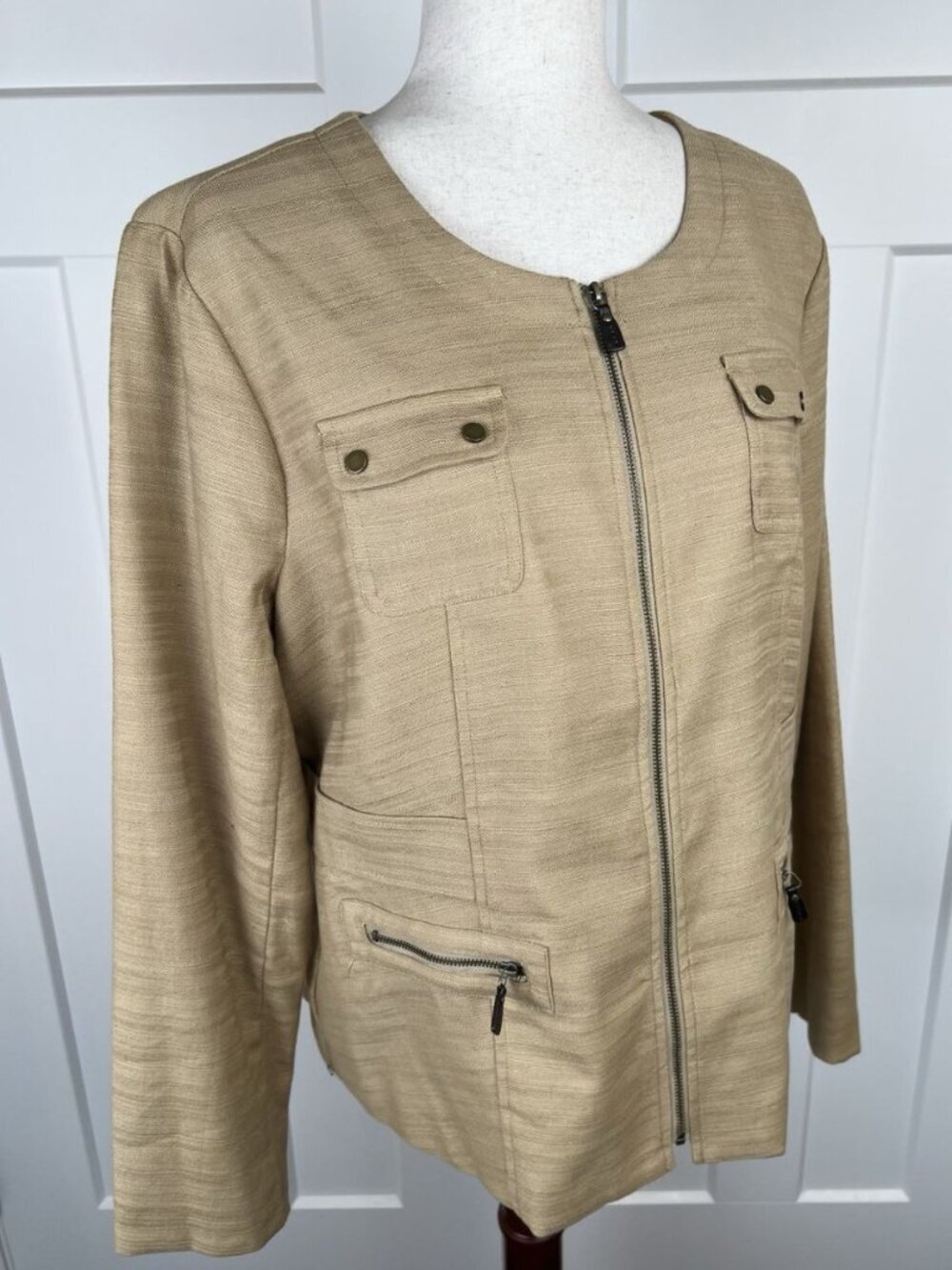 Dana Buchman Jacket Womens 16 Maize Cotton Linen Zip Utility Safari Lined - Picture 7 of 9